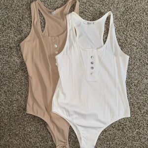 Set of Two Button-Front Bodysuits in Tan and White